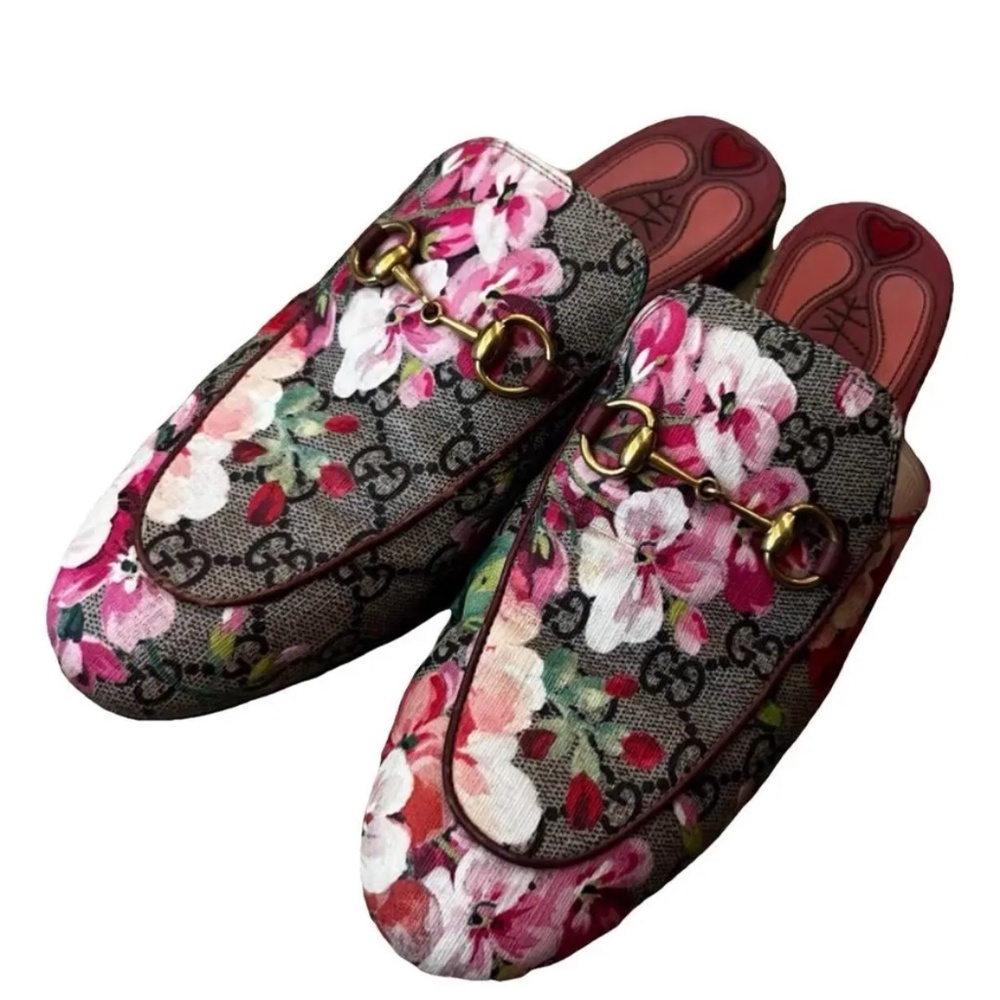 Gucci Princetown Pink Bloom Floral Print GG Monogram Canvas Loafers Mules Flats